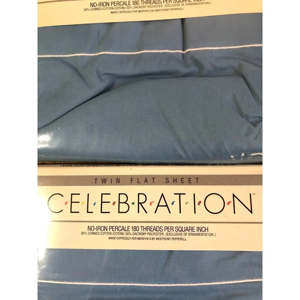 Lot 3 Vintage Mervyn's Celebration Twin Flat Sheets Blue Percale NOS Cottage USA